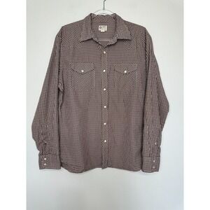 Vtg J Crew Pearl Snap Shirt Size L Brown White Gingham Western
